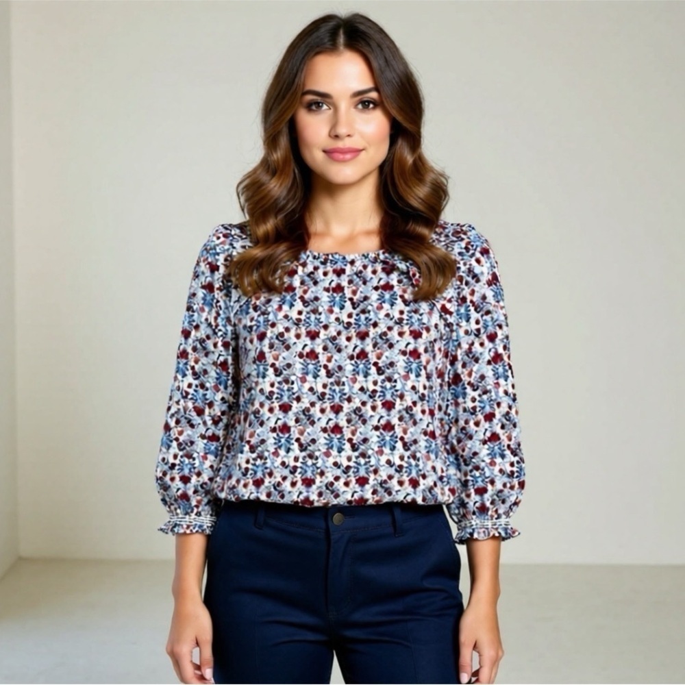 Max Studio Blouse Womens Size 1X Floral Puff Sleeves Top Shirt